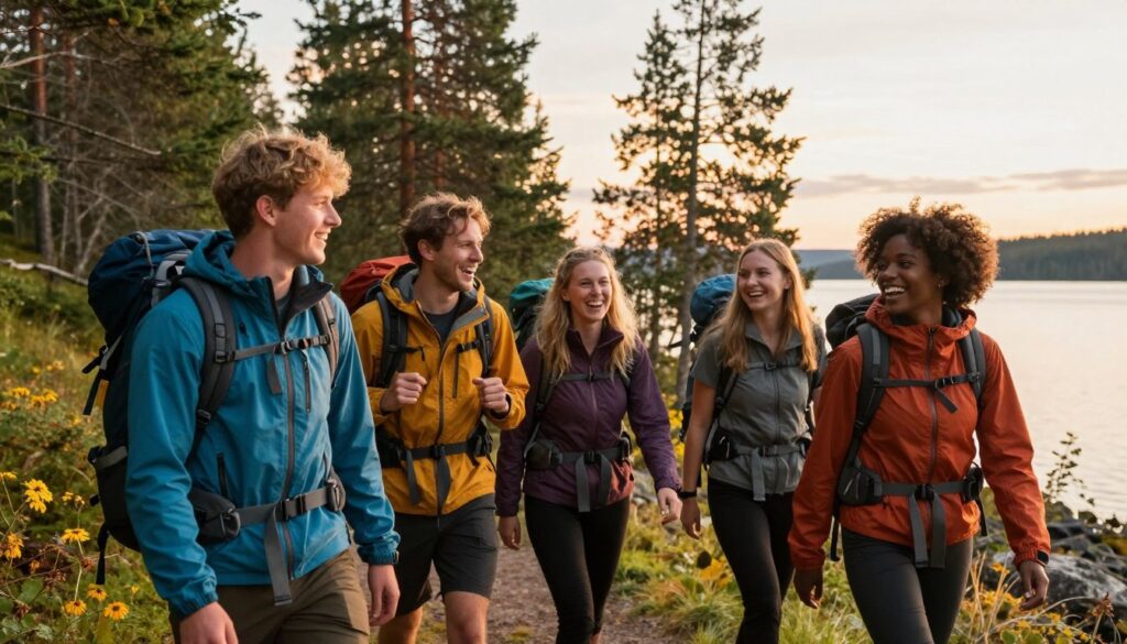 Glada vänner som delar en upplevelse tillsammans i natursköna Sverige