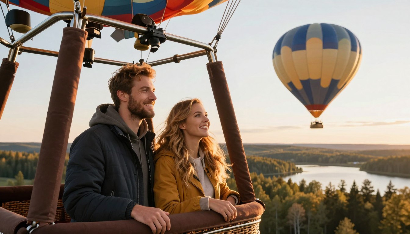 Par som njuter av en upplevelsepresent i form av en luftballongsfärd över svenskt landskap